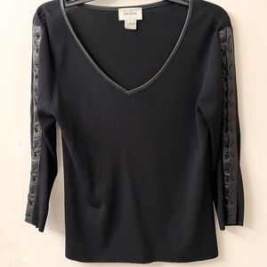 Neiman Marcus V-Neck Sweater With Leather Trim On Sleeves/Neck